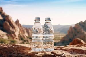 pulito potabile acqua nel un' bottiglia contro il sfondo di un' lago e montagne foto