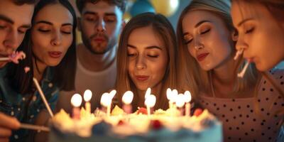 amici soffio su il candele su il torta insieme foto