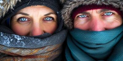 avvicinamento ritratto di un' coppia congelamento a partire dal il freddo nel un' cappello e sciarpe foto