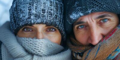 avvicinamento ritratto di un' coppia congelamento a partire dal il freddo nel un' cappello e sciarpe foto