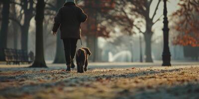 uomo a piedi il suo cane nel il parco foto