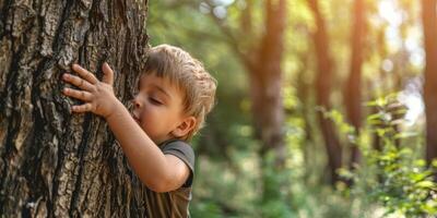 bambino abbracci un' albero Salva il pianeta concetto foto