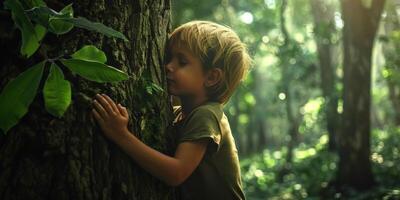 bambino abbracci un' albero Salva il pianeta concetto foto