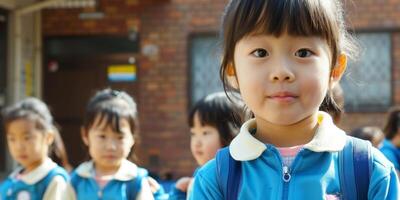 asiatico bambini partire per scuola foto