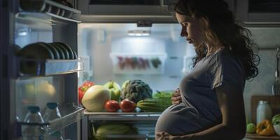 incinta donna vicino un Aperto frigorifero con cibo foto