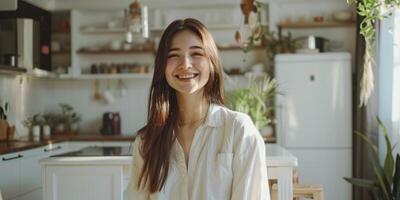 giovane donna seduta nel il cucina e sorridente foto