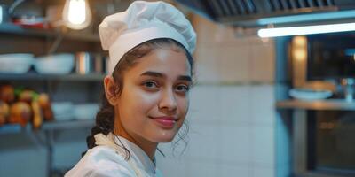 femmina capocuoco cucinando nel il cucina foto