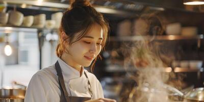 femmina capocuoco cucinando nel il cucina foto