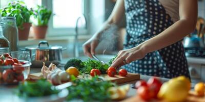 donna taglio insalata nel il cucina foto