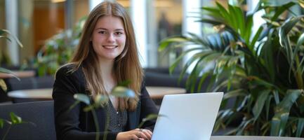 attività commerciale donna Lavorando a un' il computer portatile foto