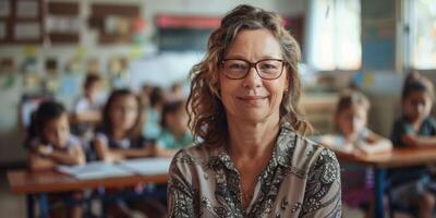 donna insegnante nel classe con studenti nel il sfondo foto