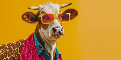 mucca nel occhiali da sole nel il pascolo foto