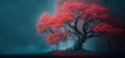 Magia nebbioso foresta con rosso albero bandiera foto