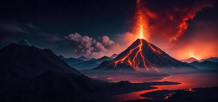 vulcano eruzione a notte panorama foto