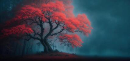 Magia nebbioso foresta con rosso albero bandiera foto