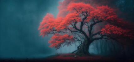 Magia nebbioso foresta con rosso albero bandiera foto