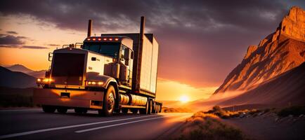 camion a tramonto cavalcate su il autostrada bandiera foto