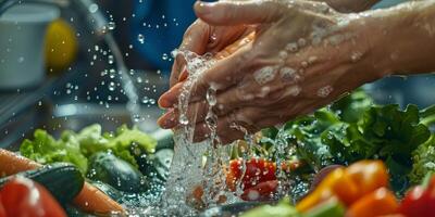 mani lavare verdure spruzzi acqua foto