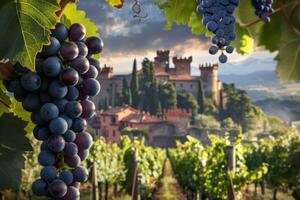 uva i campi contro il fondale di un' medievale castello foto