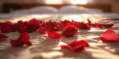 mazzo di rosso Rose su il letto foto