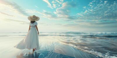 ragazza nel un' cappello su il riva del mare foto