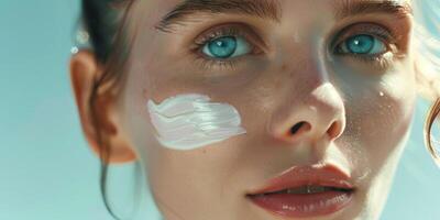 giovane donna con cosmetico crema su sua viso pelle cura foto