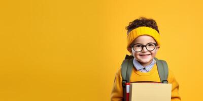 bambino con zaino e libri indietro per scuola foto