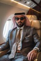 arabo uomo d'affari nel un' privato Jet foto