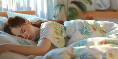 giovane donna che dorme nel letto foto