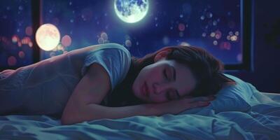 giovane donna che dorme nel letto foto
