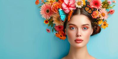giovane donna con un' ghirlanda di fiori su sua testa foto