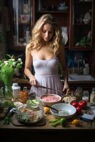 donna che cucina in cucina foto