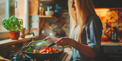 donna che cucina in cucina foto