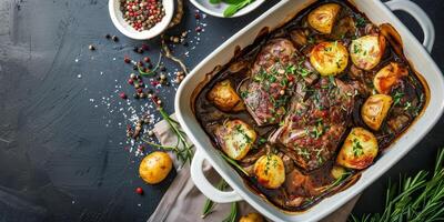 carne con patate e erbe aromatiche foto