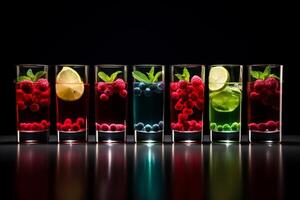 riga di bicchieri pieno con colorato bevande foto