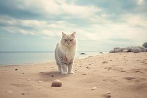 gatto è a piedi vicino mare su il spiaggia. foto