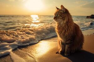 gatto è a piedi vicino mare su il spiaggia. foto