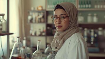 diversità nel scienza. ritratto di un' musulmano donna con hijab nel il laboratorio. foto