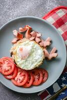 americano fritte riso con salsiccia, uovo e fritte pollo bacchette foto