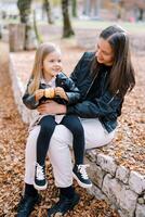 sorridente madre guardare a poco ragazza con Mela nel sua mani seduta su sua giro nel parco foto