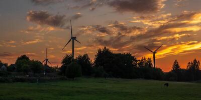 sagome di il rotante lame di un' mulino a vento elica contro il tramonto cielo. vento energia produzione. pulito verde energia. foto