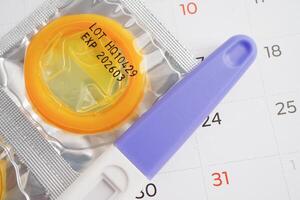 gravidanza test e preservativo per femmina su calendario, ovulazione giorno. foto