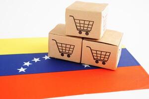 in linea acquisti, shopping carrello scatola su Venezuela bandiera, importare esportare, finanza commercio. foto