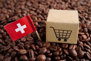 Svizzera bandiera su caffè fagioli, shopping in linea per esportare o importare cibo Prodotto. foto