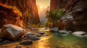 sereno canyon fiume a tramonto con lussureggiante verdura e roccioso terreno foto