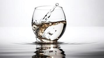cristallo chiaro acqua nel il bicchiere con riflessione su il acqua con bianca sfondo foto