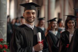 un' uomo nel un' la laurea toga Tenere un' diploma foto