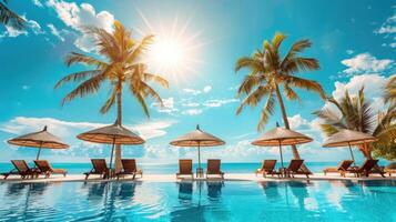 un' piscina con un' spiaggia ambientazione e ombrelli foto