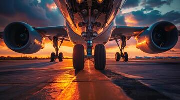 un' grande Jet è su il pista di decollo con il sole ambientazione nel il sfondo foto