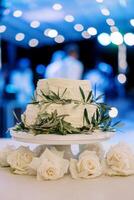 nozze torta decorato con oliva rami su un' In piedi sta su il tavolo foto